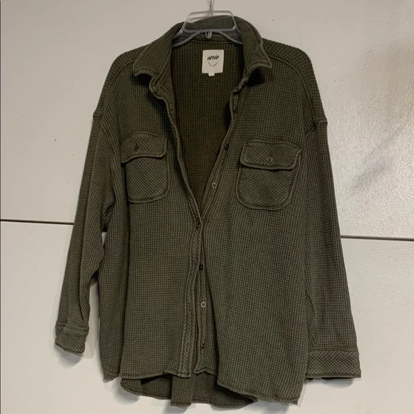 AERIE GREEN LUMBER JANE WAFFLE BUTTON DOWN SHIRT MEDIUM - Picture 2 of 7